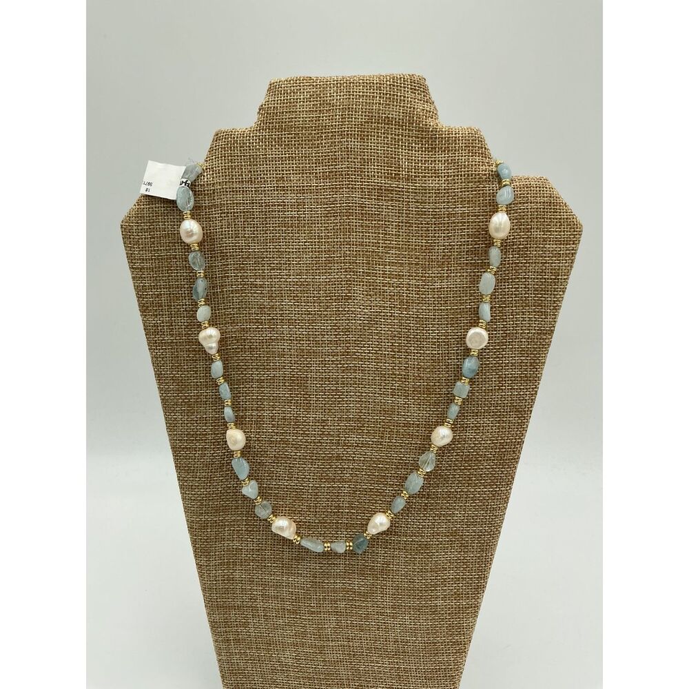 S J Pearl Beaded Gemstone and cultured pearl necklace with gold spacers, 18" NWT